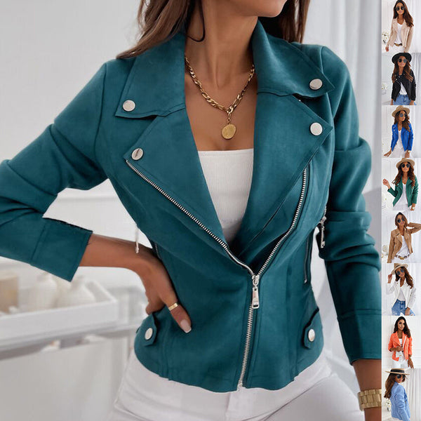 Women’s Zip-Up Lapel Jacket with Pockets – Long Sleeve Top
