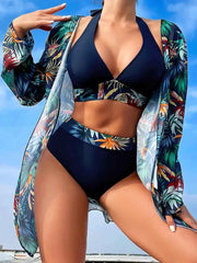 3-Piece Halter Bikini Set with Kimono Cover-Up