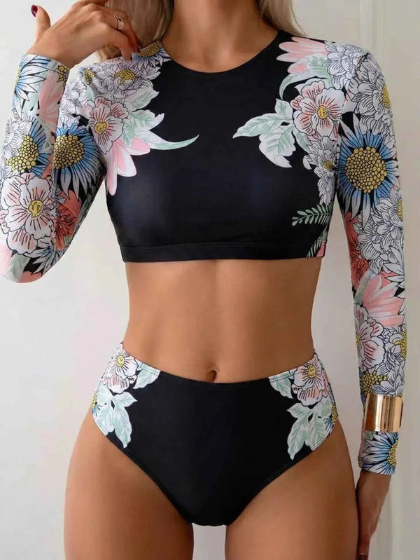 Vintage Floral Long Sleeve Bikini Set