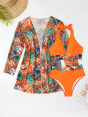 3-Piece Halter Bikini Set with Kimono Cover-Up