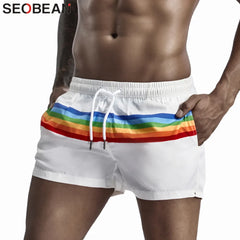 SEOBEAN Summer Men's Shorts 100% Polyester Quick Dry Beach Shorts Fashion Holiday Casual Board Shorts Stripes Shorts For Man