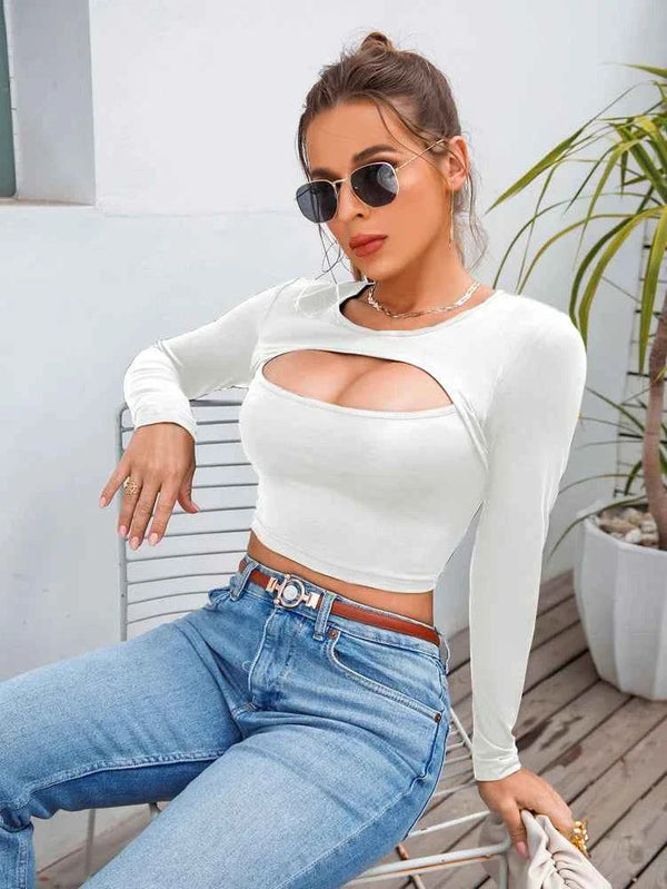 Women's Hollow Out Long Sleeve Crop Top