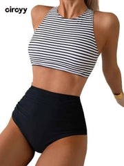 Circyy Women's Striped High-Waisted Bikini Set