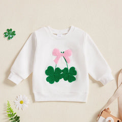Baby Toddler Girls St. Patrick's Day Irish Bow Four Leaf Clover Embroidery Long Sleeve Pullover Top Casual Spring Clothes