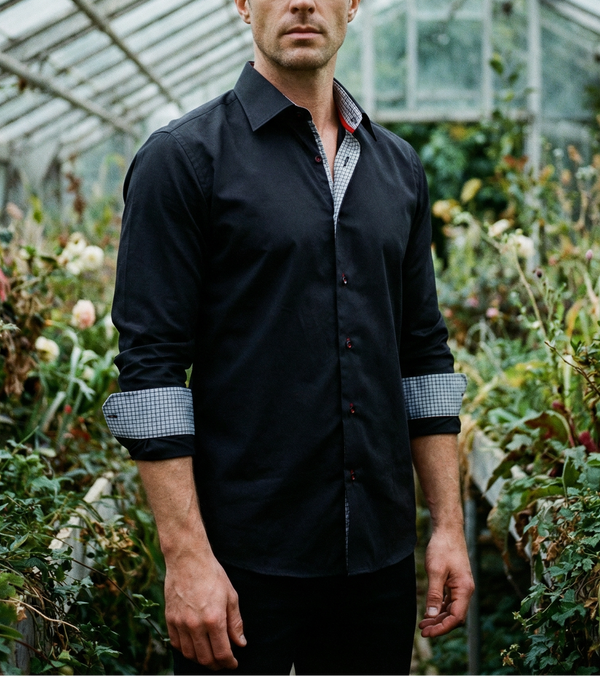 Donny Cotton Knit-Stretch Button-Up Shirt – Black, Tailored Fit